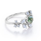 Modern Floral Style 1 Carat Round Cut Natural Translucent Dendritic Moss Green Agate and Diamond Art Deco Engagement Ring