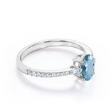 Simple 3 Stone 1.75 Carat Oval Cut Natural Deep Blue Aquamarine and Diamond Semi Eternity Pave Engagement Ring in Rose Gold for Her