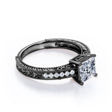 Art Deco Pave Set 0.50 Carat Princess Cut Diamond Vintage Milgrain Engagement Ring In White Gold