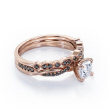 Milgrain Filigree Decorated 1.6 TCW Round Shaped Moissanite with Lab Created Black Diamond Twisted Pave Wedding Set in White Gold