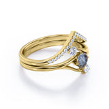 Asymmetrical Bypass 0.85 Carat Round Cut Black Rutilated Quartz and Diamond Contour Pave Bridal Set Rings