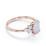 Leaf Design Eight Prongs 1.40 Carat Oval Cut Precious Fire Opal And Cubic Seven Stone Engagement Ring In Black Gold