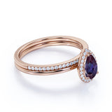Minimalist Halo 1.25 Carat Pear Cut Artificial Alexandrite and Diamond Half Eternity Band Wedding Ring Sets