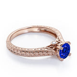 Antique Art Deco 1 Carat Round Cut Lab-Created Sapphire Four Prong Solitaire Engagement Ring In Rose Gold