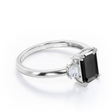 Past, Present and Future 1.10 Carat Emerald Cut Black Diamond Three Stone Engagement Ring In White Gold