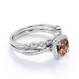 1.5 Carat Cushion Cut Peach Morganite and Diamond Wedding Ring Set in 10k Rose Gold Celebrity Ring