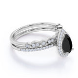 Beautiful 1.75 Carat Pear cut Lab Black Diamond Halo Wedding Ring Set in White Gold