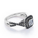 Rounded Square Double Halo -  0.5 TCW Princess Cut Diamond with Lab Created Black Diamond - Infinity Pave Engagement Ring - 10K White Gold