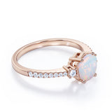 Hexagon Set 1.35 Carat Brilliant Round Ethiopian Opal And Diamond Pave Engagement Ring In White Gold.