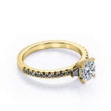 Milgrain Prong Cathedral - 1.3 TCW Round Brilliant Cut Moissanite with Lab Created Black Diamond - Pave Engagement Ring in Yellow Gold