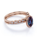 Classic Bezel Set 1.50 Carat Oval Cut Lab Created Alexandrite and Diamond Art Deco Bridal Set Rings