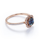 Antique Flower Cluster 1.50 Carat Cushion Cut Lab Created Blue Alexandrite and Diamond Halo Pave Engagement Ring in White Gold for Her