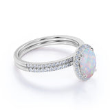 1.75 ct Halo Oval Cut Fire Opal and Moissanite Antique Wedding Ring Set in 18K White Gold over Silver