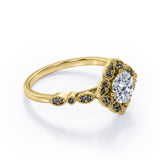 Milgrain Flower Cluster 1.5 TCW Round Brilliant Cut Moissanite with Lab Created Black Diamond Filigree Engagement Ring in White Gold