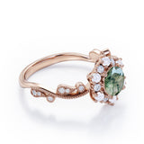 Floral Halo 0.7 carat Round Moss Green Agate and Diamond Engagement Ring in White Gold