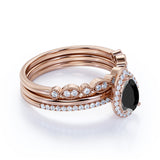 Bestselling 1.75 Carat Pear cut Trio Wedding Ring Set with Lab Black Diamond on Rose Gold for Her