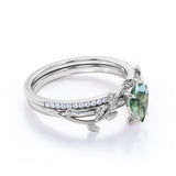 Leaf Inspired 1.25 Ct Pear Cut Moss Agate Wedding Ring Set
