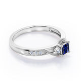 Double Curved Line Milgrain 0.55 carat Princess Blue Sapphire and Moissanite Dainty Engagement Ring in White Gold