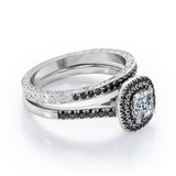 Filigree Scalloped Pave 1.65 TCW Princess Cut Moissanite with Lab Created Black Diamond Double Halo Style Wedding Ring Set in White Gold