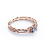 1.10 Carat Princess Cut Aquamarine And Diamond Vintage Milgrain Engagement Ring In White Gold.