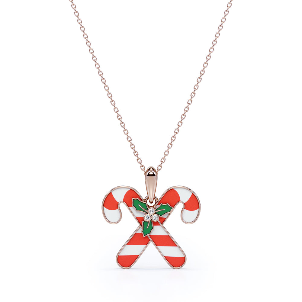Christmas Candy Cane Diamond Enamel Pendant Necklace in 18K White Gold Plating over Silver