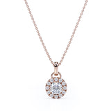 Six Prong Bezel Set 1.10 Carat Round Certified Moissanite and Diamond Halo Pave Pendant Necklace with Chain in Rose Gold