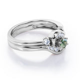 6 Prong Tension Design - 0.55 TCW Round Shaped Green Moss Agate and Moissanite - Flush Chanel Wedding Ring Set - Rose Gold