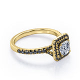 Double Halo Design - 1.45 TCW Princess Cut Moissanite with Lab Created Black Diamond - Engagement Ring with Pave Accents in Black Gold