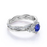 Vintage Floral Halo Cluster 2 Carat Round Cut Sapphire and Diamond Bridal Set with Infinity Band in White Gold