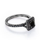 Double Halo Design - 1.45 TCW Princess Cut Lab Created Black Diamond - Engagement Ring with Pave Accents in White Gold