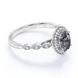 Halo 1.50 ct Oval Black Rutilated Quartz Art Deco Engagement Ring