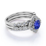 2 Carat Round Cut Halo Sapphire and Diamond Trio Wedding Ring Set in 10k White Gold
