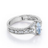 Beaded Framed 1.25 Carat Marquise Cut Aquamarine And Diamond Vintage Filigree Engagement Ring In White Gold