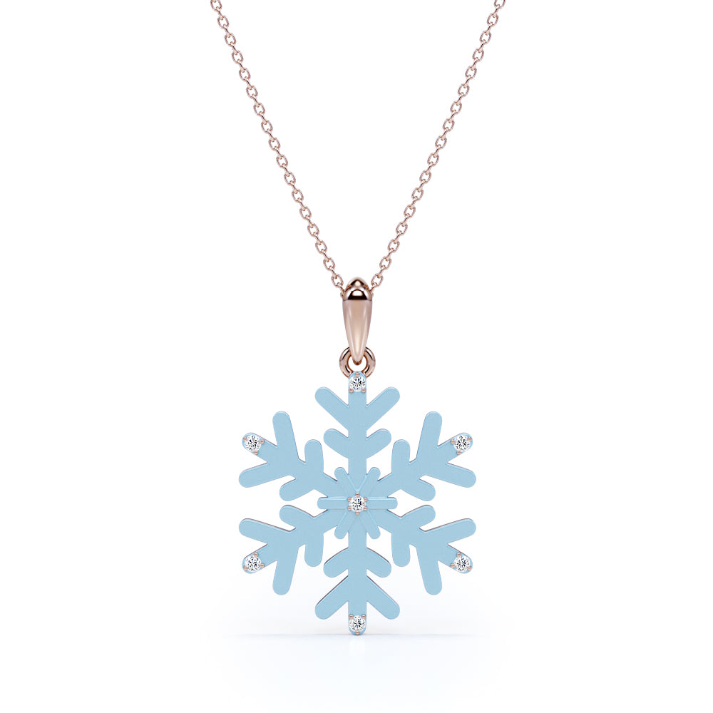 Christmas Snowflake Diamond Enamel Pendant Necklace in 18K White Gold Plating over Silver
