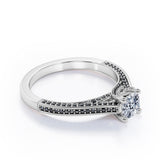 Three Sided Pave - 1.35 TCW Princess Cut Moissanite with Lab Created Black Diamond - Milgrain Decorated Engagement Ring in Rose Gold