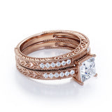 1.50 Carat Princess Cut Moissanite And Diamond Vintage Milgrain Bridal Set Ring In White Gold