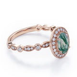 Vintage Halo 1.35 Carat Oval Cut Green Moss Agate And Diamond Art Deco Engagement Ring In Rose Gold