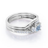 3 Stone Shared Prong - 1 TCW Princess Cut Aquamarine and Moissanite - Pave Curved Shank Wedding Set - White Gold