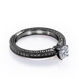 Edwardian Style - 1.25 TCW Round Cut Moissanite with Lab Created Black Diamond - Milgrain Bordered Engagement Ring in White Gold