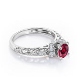 Unique Four Prong 1.15 Carat Round Cut Lab-Created Ruby And Diamond Art Deco Engagement Ring In White Gold