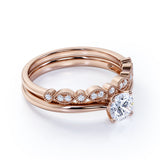 Artdeco 1.25 Carat Round cut Moissanite and Diamond Wedding Bridal Ring Set in 10k White Gold