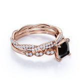 1.25 Carat Princess cut Lab Black Diamond Wedding Ring Set in Rose Gold