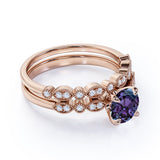 4 Prong Solitaire 1.50 Carat Round Cut Lab Grown Alexandrite and Diamond Marquise Dot Art Deco Wedding Ring Sets