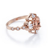 Colossal Flower 0.65 carat Oval Morganite and Moissanite Decorative Halo Engagement Ring in White Gold