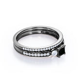 1.65 Carat Princess Cut Lab Grown Black Diamond Three Stone Vintage Wedding Ring In White Gold