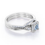 Cushion Halo Prong - 0.85 TCW Princess Cut Aquamarine and Moissanite - Infinity Split Shank Wedding Ring Set -  Rose Gold