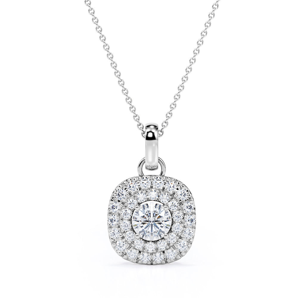 Classic Prong Set 1.50 Carat Round Certified Moissanite and Diamond Double Halo Stud Pendant Necklace in Yellow Gold