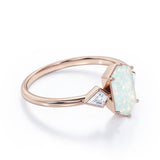 Trillion Six Prong 1.20 Carat Hexagon Shaped White Opal And Diamond Three Stone Bezel Set Engagement Ring In White Gold