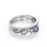 Minimalist Leaf Design 0.75 Carat Round Cut Genuine Black Grey Salt and Pepper Diamond Filigree with Diamond Pave Band Wedding Set Rings