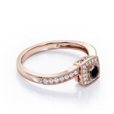 Flush-Prong Halo 1.25 Carat Round Cut Black Diamond Milgrain-Edged Pave Channel Engagement Ring in White Gold